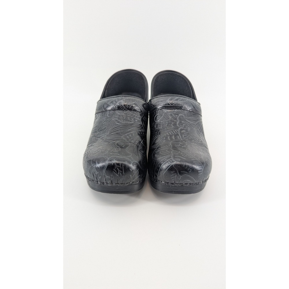 Dansko Professional Black Floral Embossed Leather Clogs Shoes Womens 41